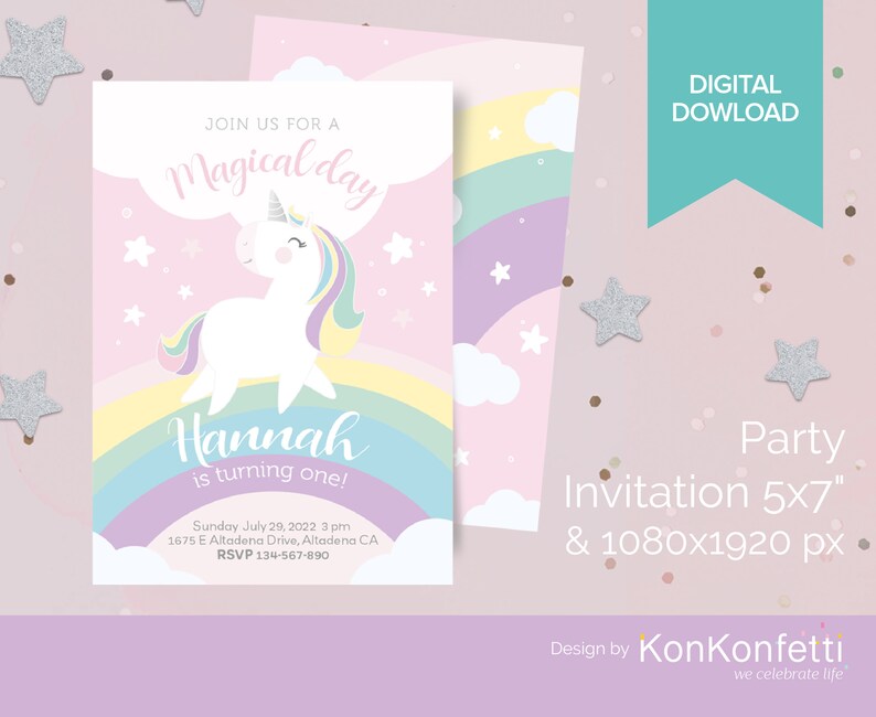 May include: A pink and purple party invitation with a rainbow and a unicorn. The invitation says "Join us for a Magical Day" and "Hannah is turning one!" The invitation also includes the date, time, address, and RSVP information.