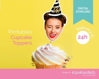 Photo Cupcake Toppers (30th, 40th, 50th birthday) Digital File, Birthday Decor