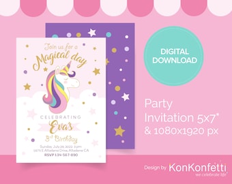 Unicorn Invitation, Unicorn Birthday Modern Invitation, Unicorn Party Personalized Invitation, DIGITAL DOWNLOAD