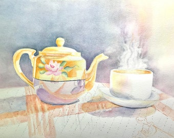 Tea Time Watercolor Giclee Print or Cards of Original Art. Teapot, Tea Cup, Kitchen Art, Still Life Painting, Note Cards.