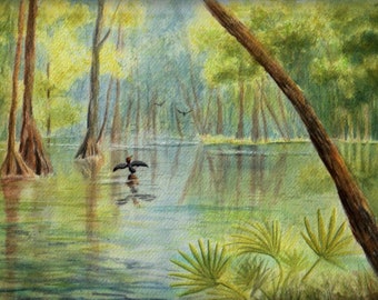 Watercolor "Camp Kulaqua" Florida Spring Landscape, Giclee Prints &Cards. River Art, Wall Art, Bird Illustration.