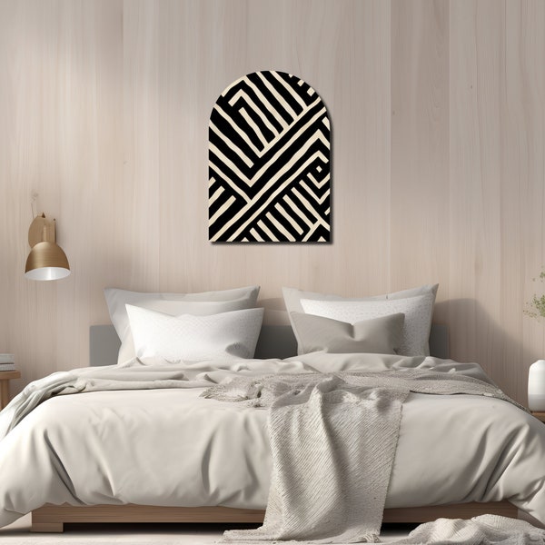 Modern Aesthetic Wall Art Arch.  Bold Geometric Pattern.  Abstract Striped Artwork.  Neutral Home Decor.  Black and White Style.