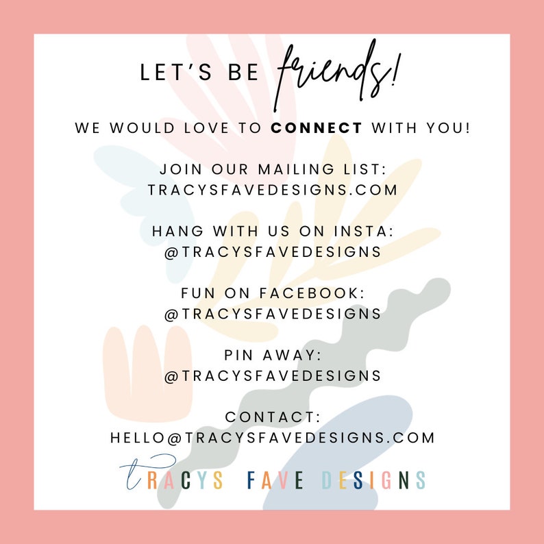 Puede incluir: Gr&aacute;fico cuadrado con borde rosa y fondo blanco. El texto incluye "LET'S BE friends!" y los identificadores de redes sociales para Instagram, Facebook y Pinterest. El dise&ntilde;o presenta formas abstractas en colores pastel y la direcci&oacute;n del sitio web.