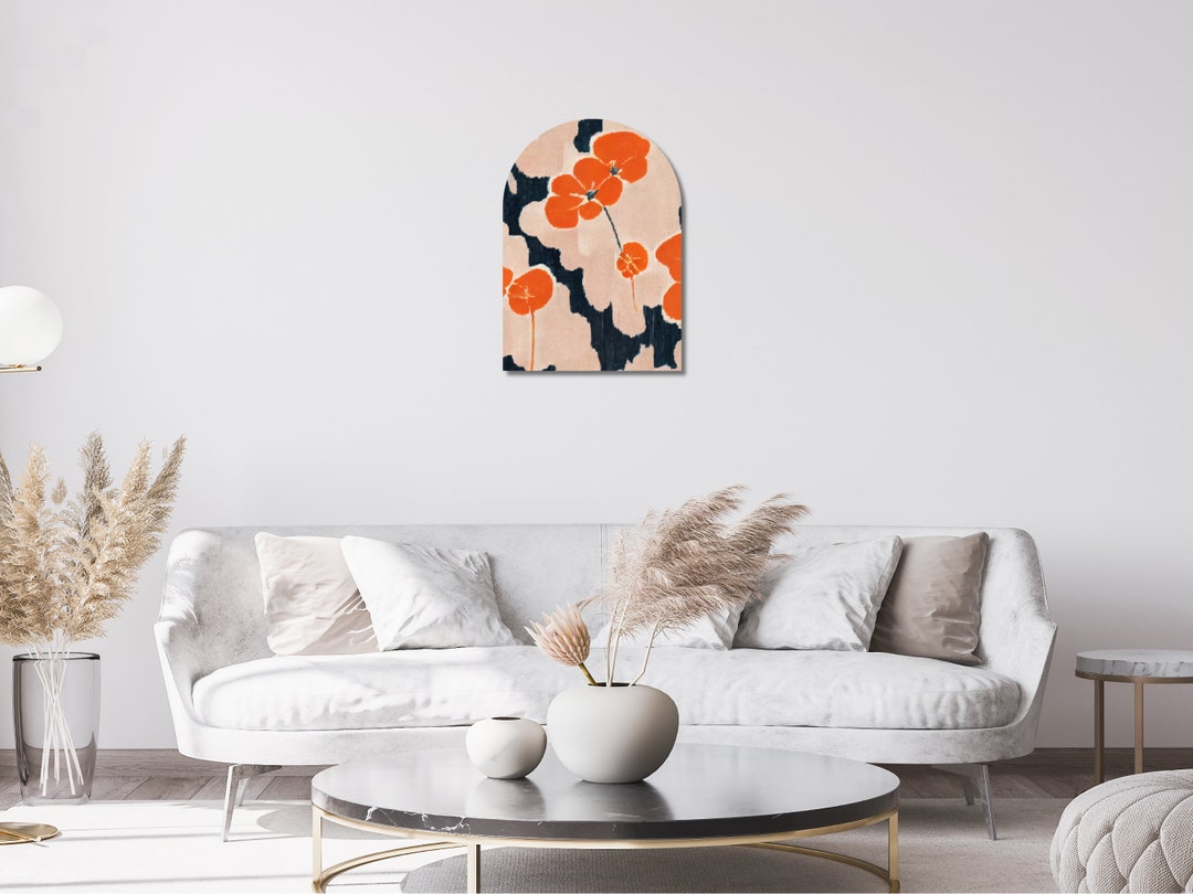 Orange and Blue Shibori Wall Art Arch. Modern Watercolor Floral Artwork