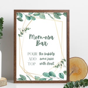 Mom-osa Bar - ベビーシャワー サイン、ユーカリ ベビーシャワー、印刷可能なベビーシャワー サイン、グリーンリー ゴールド ベビーシャワー、ドリンク