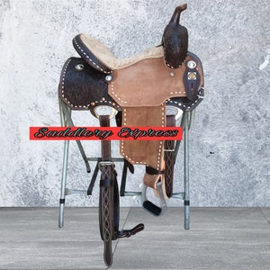 Western Ranch Roping Saddle Set: Premium Hand-Tooled Leather with Matching Headstall, Breast Collar, Reins & Back Cinch - Sizes 10" to 18"