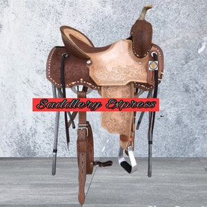 Western Ranch Roping Saddle Set: Premium Hand-Tooled Leather with Matching Headstall, Breast Collar, Reins & Back Cinch - Sizes 10" to 18"