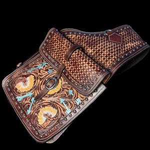 handmade Basket Weave Tooled Western Horse Leather Saddle Bag Heavy duty Traditional Trail Ride.