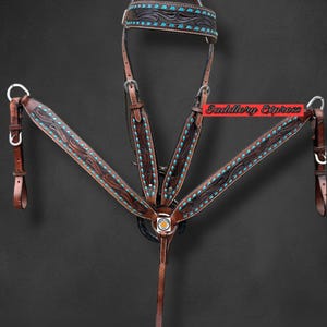 Handmade Western Leather Hand Tooled Headstall and Breast Collar & Reins Set.