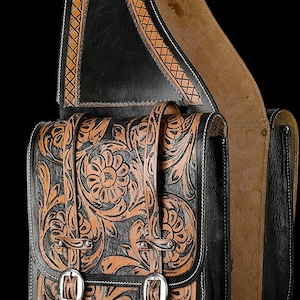 handmade Basket Weave Tooled Western Horse Leather Saddle Bag Heavy duty Traditional Trail Ride.