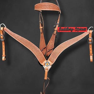 Handmade Western Leather Hand Tooled Headstall and Breast Collar & Reins Set.