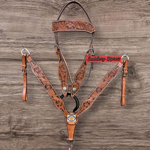Handmade Western Leather Hand Tooled Headstall and Breast Collar & Reins Set.