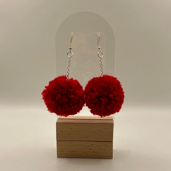 Red PomPom drop earrings, Silver, customizable chain, unique jewelry, Bridesmaid Gifts