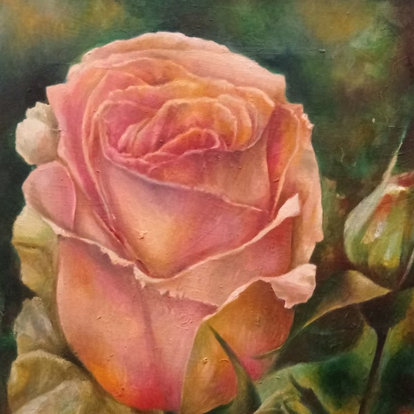 Floral painting, rose with bud, wall decoration, hand painted, unique work, Italian art, precious gift, decor and design