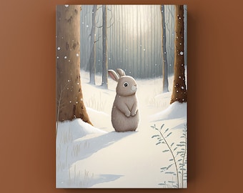Bunny Rabbit in Forest - Instant Printable Download Digital Image - Original Art - Wall Poster - Digital Art - Children's Room - Snow - Kids