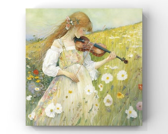Girl w Violin Watercolor - Instant Printable Download Digital Image Original Art - Wall Poster Decoration - Gift - Children's room