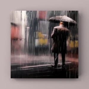 Hombre bajo la lluvia - Imagen digital de descarga instantánea imprimible - Arte original - Cartel de pared - Arte digital - Escena urbana de la ciudad