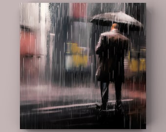 Man in the Rain - Instant Printable Download Digital Image - Original Art - Wall Poster - Digital Art - Urban City Scene