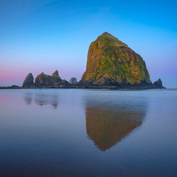 Haystack Rock at Cannon Beach Oregon - Instant Printable Download Digital Image - Original Photography -  Ocean Blues Cool Colors - Sunrise