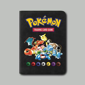 May include: Black card binder featuring the Pok&eacute;mon Trading Card Game logo in yellow and red. The cover displays various Pok&eacute;mon characters, including Charizard, Pikachu, and Blastoise. The bottom has various colored symbols.