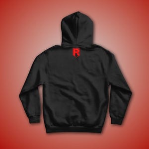 May include: Black hooded sweatshirt with a red "R" logo on the back.
