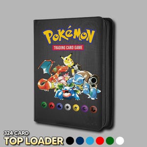 May include: A black zippered trading card binder featuring the yellow Pokémon logo and the text TRADING CARD GAME. The cover displays illustrations of Pikachu, Charizard, Venusaur, and Blastoise, along with six colourful elemental energy symbols.