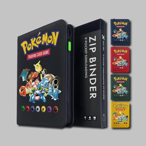 Peut inclure: Un classeur à fermeture éclair noir pour cartes à collectionner Pokémon avec 9 poches à chargement latéral et une tirette verte. La couverture affiche le logo Pokémon, des illustrations de personnages et des symboles d'énergie.