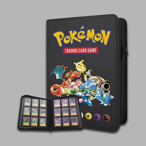 May include: A black Pokémon Trading Card Game binder featuring a yellow logo, red text, and illustrations of Pikachu, Charizard, and Blastoise. The binder is open to show internal plastic sleeves containing multiple small trading cards.