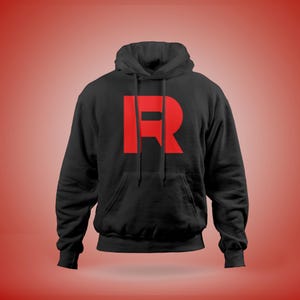 May include: Black hooded sweatshirt with a red "R" logo on the front.