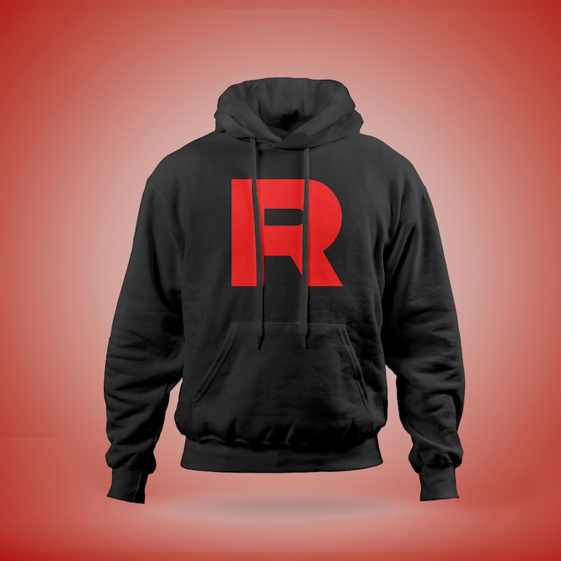 May include: Black hooded sweatshirt with a red "R" logo on the front.