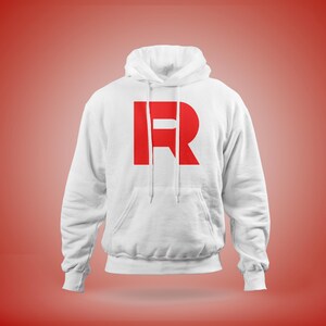 May include: White hooded sweatshirt with a large red "R" printed on the front.