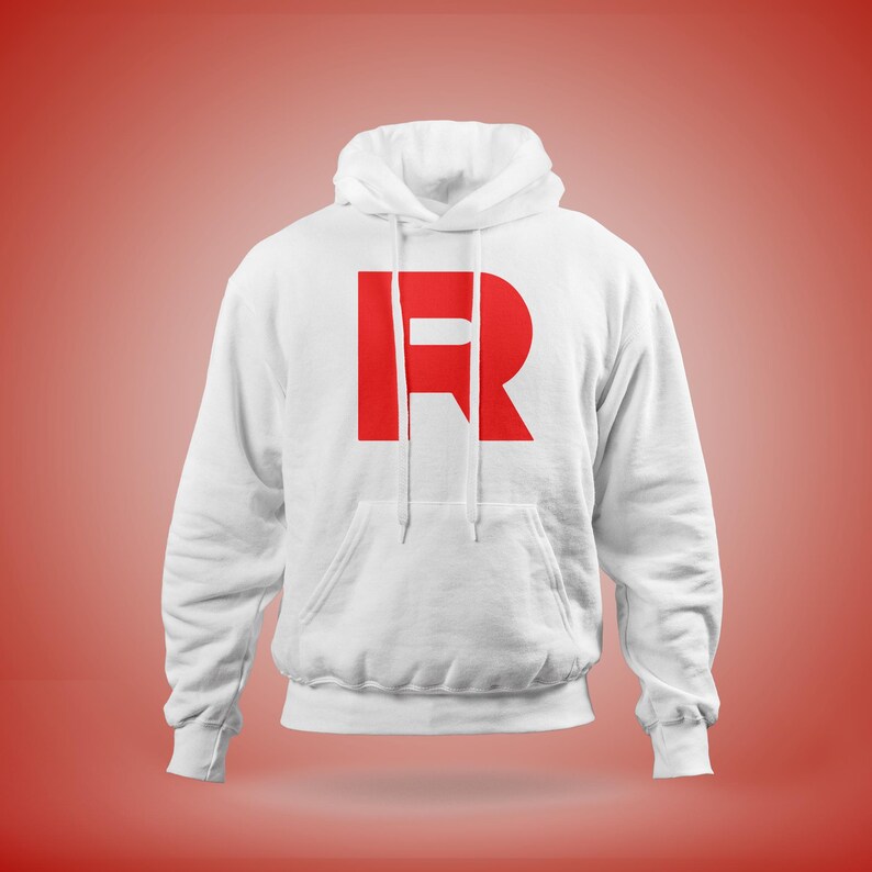 May include: White hooded sweatshirt with a large red "R" printed on the front.