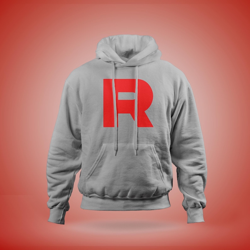 May include: A gray hooded sweatshirt with a large red "R" printed on the front.