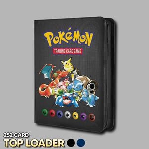 May include: A black zipped trading card binder featuring the yellow Pokémon logo and the text TRADING CARD GAME. The cover displays colourful illustrations of Pikachu, Charizard, Blastoise, and Venusaur, with seven elemental energy symbols below.