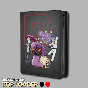 May include: A black zippered card binder featuring a large red letter R and a graphic of Team Rocket characters Jessie, James, Meowth, Arbok, and Koffing. The cover displays the text 252/324 CARD TOP LOADER with black and red circular icons.