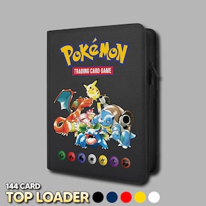 May include: A black zippered trading card binder featuring the yellow Pokémon logo and the text TRADING CARD GAME. The cover displays illustrations of Pikachu, Charizard, and Blastoise above seven colourful elemental energy symbols.