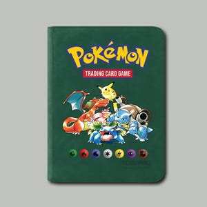 May include: Green Pok&eacute;mon trading card binder featuring the Pok&eacute;mon logo and characters like Pikachu, Charizard, and Blastoise. The binder has a colorful illustration of various Pok&eacute;mon and the text "Trading Card Game".