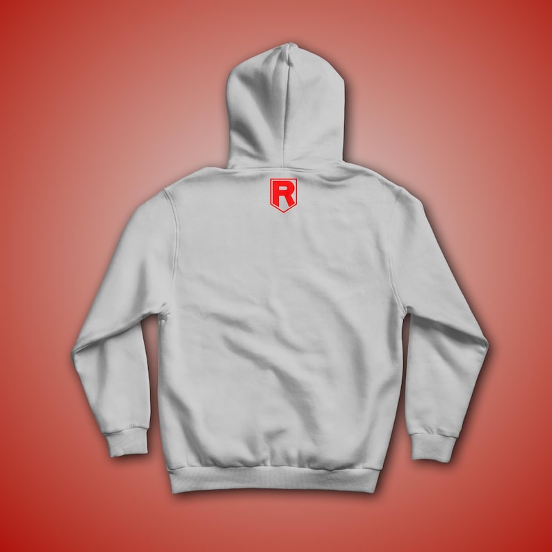 May include: A gray hooded sweatshirt with a red "R" in a shield on the back.