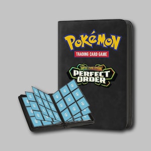 May include: A black trading card binder featuring the yellow and blue Pokémon Trading Card Game logo and a Mega Evolution Perfect Order emblem. Beside it, an open binder displays multiple light blue card sleeves arranged in a grid pattern.