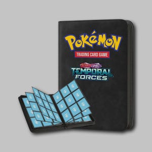 May include: A black trading card binder featuring the yellow Pokémon logo, a red TRADING CARD GAME banner, and the blue and white Temporal Forces Scarlet & Violet logo. An open smaller binder displays multiple blue card slots with white icons.