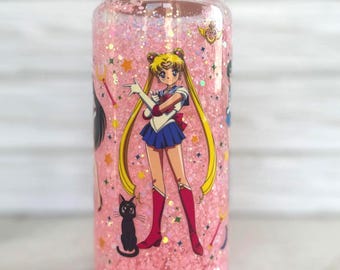 Pink Glitter Snowglobe Tumbler: Sailor Girl Anime Glass Cup