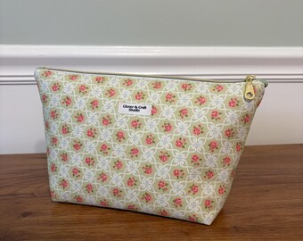 Floral Quilted Makeup Bag | Zippered Cosmetic Pouch | Handmade Travel Toiletry Bag