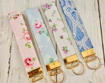 Wristlet Key Fob Keychain Handmade Boho Key Fob Preppy Key Fob Floral Keychain Fabric Wristlet Gold Hardware Birthday Gift for Girls