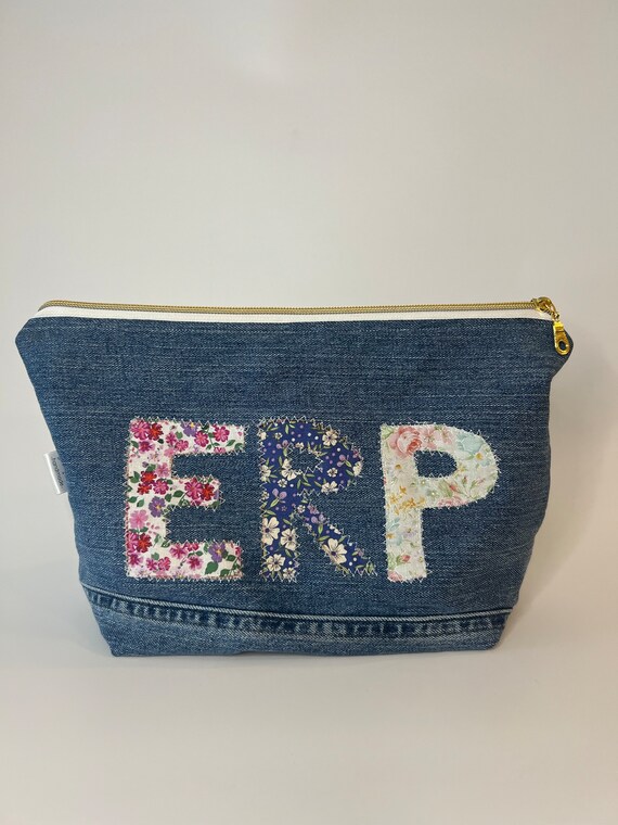 Personalized Denim Makeup Bag Initials Custom Makeup Bag Upcycled Denim Makeup Bag Cosmetic Bag Scrap Fabric Toiletry Bag Preppy Style Gift
