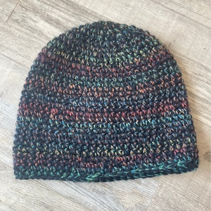 Handmade crochet beanie | hat | cold weather | fiber art | black rainbow multicolor