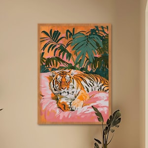 Maximalist style tiger painting bedroom wall art Exotic animal lounge decor Modern maximalist style tiger print
