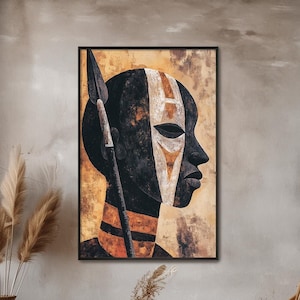 Earthy Abstract Maasai Warrior Painting Kenyan Tribal Art Spear Portrait African Wall Decor Fauvist Maasai Warrior in Earth Tones