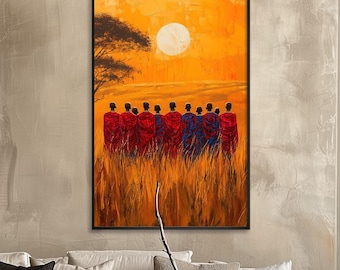 Massai bei Sonnenaufgang Wandkunst Traditionelle afrikanische Kleider Ölgemälde des Massai-Stammes in der afrikanischen Savanne Kulturerbe Heim Deco