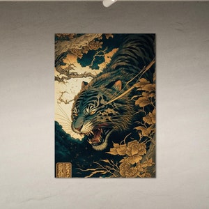 Japanese tiger wall art Black and gold tiger art Asian-inspired wall decor Oriental tiger artwork - Print art