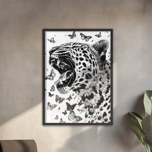 Black and white jaguar painting Contemporary jaguar in a monochrome jungle art Chic panther jungle wall art